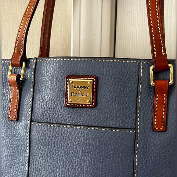 Dooney & Bourke Slate Blue Pebbled Leather Tote with Brown Handles - Picture 4 of 6